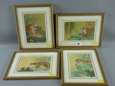 Four framed Oriental watercolours on fabric - tigers in naturalistic poses, all with block iron