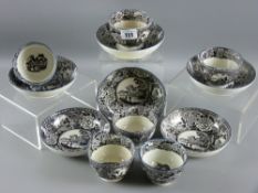 Six late 18th/early 19th Century tea bowls and saucers, black and white transfer decoration of