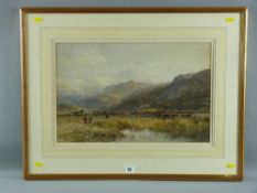 JOHN SYER watercolour - landscape with figures and cattle on marshes with mountain backdrop, signed,