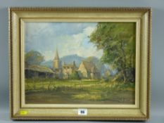 R G TROW oil on board - barn with farmhouse and church in background entitled 'The Old Barn,