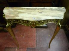 A pink marble topped brass based console hall table, 84 x 100 cms