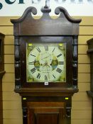 An early Victorian oak and mahogany longcase clock with broken swan neck pediment and turned finial,