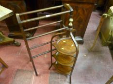 An Edwardian mahogany and line inlaid three tier cakestand and an Edwardian towel rail