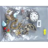A bag of mixed dress jewellery and a silver encased gent's pocket watch (scrap)