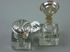 A pair of square plain glass inkwells with attractive heavy 925 silver hinged lids and collars