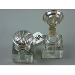A pair of square plain glass inkwells with attractive heavy 925 silver hinged lids and collars