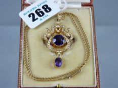 A fifteen carat gold amethyst and seed pearl pendant brooch having a centre round cut amethyst of