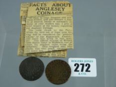 Two Anglesey mining pennies, 1788 and 1791 together with an old newspaper cutting - 'Facts About