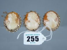 A pair of oval rolled gold lady cameo brooches and another similar size with rope twist and looped