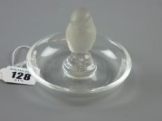 A Lalique circular ash/pin tray with centrally seated frost glass bird, engraved to the base '