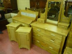 A near matching suite of stripped pine Edwardian bedroom furniture comprising a Staffordshire