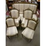 A Louis XVI French style salon suite of three seater couch, two side chairs and two armchairs,