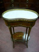 A reproduction French style marble topped kidney shaped side table with single drawer, brass