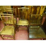 Two elm triple spindlebacked country chairs, another similar splatback chair, an early antique oak