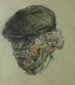 SIR KYFFIN WILLIAMS RA colourwash and crayon - head study of a farmer with cap 'Thomas Jones,