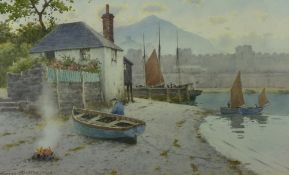 WARREN WILLIAMS ARCA watercolour - early Conwy quayside scene with boats and figures and castle