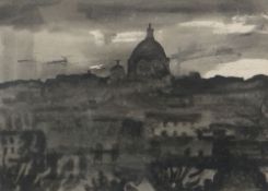 SIR KYFFIN WILLIAMS RA colourwash - skyline of Rome with St Peter's Basilica, signed, 27 x 37cms