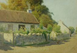 JOHN McDOUGAL watercolour - thatched cottage with figure and poultry on a lane, signed and dated