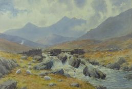 WARREN WILLIAMS ARCA watercolour - Dyffryn Mymbyr and Snowdon with farmer on bridge over falls,