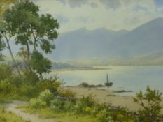 WARREN WILLIAMS ARCA watercolour - Conwy(?) river scene with boat and figures near the shore,