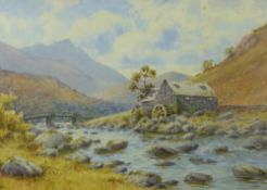 WARREN WILLIAMS ARCA watercolour - upper Conwy Valley mill scene with river and figure on a