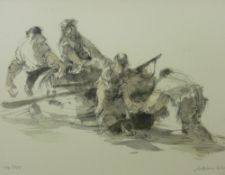 WILLIAM SELWYN limited edition (136/500) colourwash print - four fishermen and boats hauling in,