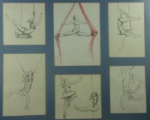 PHILIPPA JACOBS pencil - a frame of six pencil studies of a trapeze artist in various actions,