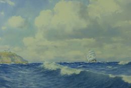 WARREN WILLIAMS ARCA watercolour - seascape with headland and ship at full sail, signed, 31 x 47.5