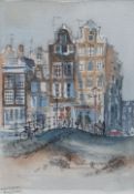RAY EVANS watercolour - bridge with figures, bicycles and canal-houses, entitled 'Amsterdam',