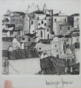 LESLIE JONES black and white print - Italian rooftops with figures on steps, signed, 15 x 15 cms