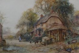 JOSEPH HUGHES CLAYTON watercolour - figure and poultry in the yard of a thatched cottage, signed, 36