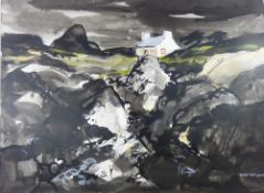 DONALD McINTYRE mixed media - fine atmospheric scene of whitewashed cottage amongst rocks, signed in