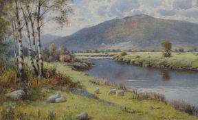 WARREN WILLIAMS ARCA watercolour - Conwy river near Llanrwst with sheep grazing, signed, 29 x 46cms