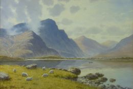 WARREN WILLIAMS ARCA watercolour - North Wales lake scene with grazing sheep and two fishermen in