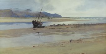 JOHN McDOUGAL fine watercolour - beached boats and figure in the Conwy Estuary with Penmaenmawr