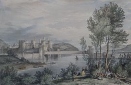 G HAWKINS AFTER G PICKERING colour lithograph - entitled 'THE CONWAY TUBULAR BRIDGE AND CASTLE'