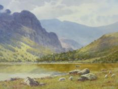 WARREN WILLIAMS ARCA watercolour - Snowdonia lake scene with figure in a boat and sheep grazing,