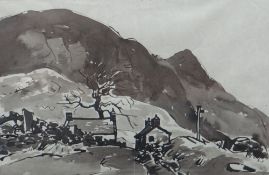 SIR KYFFIN WILLIAMS RA colourwash on two sheets - Snowdonia landscape with cottages, signed, 29 x