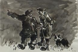 SIR KYFFIN WILLIAMS RA colourwash - two standing figures in conversation and with sheepdog, entitled