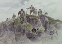 SIR KYFFIN WILLIAMS RA coloured print - group of farmers on a mountain top with their sheep,