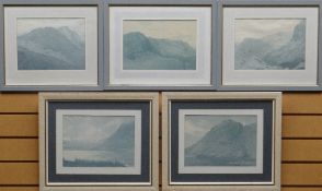 DAVID WOODFORD watercolours - set of five geological studies of Snowdonia ranges, signed, 21 x
