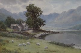 WARREN WILLIAMS ARCA watercolour - Snowdonia lake with grazing sheep, figures and farm, signed, 33 x