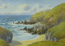 WARREN WILLIAMS ARCA watercolour - rocky Anglesey coastal scene with distant yachts, signed, 26 x