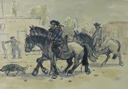 SIR KYFFIN WILLIAMS RA colourwash - riders in Patagonia depicting three horses and their riders in a