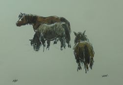 SIR KYFFIN WILLIAMS RA artist's proof colourwash and pencil print - three ponies, signed with