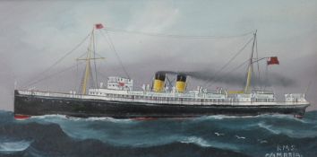 20th Century School mixed media - study of the twin funnel Royal Mail steamer 'Cambria' in calm