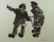 SIR KYFFIN WILLIAMS RA print - two standing farmers chatting, one with stick, signed in full, 44 x