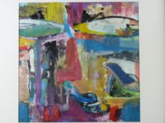 CATRIN WILLIAMS mixed media on paper - colourful abstract 'Picnic - Cwm Onnen', signed and
