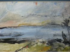 ANN CHADWICK mixed media - seascape with mountains beyond, signed, 11.5 x 18 cms