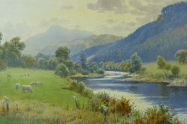 WARREN WILLIAMS ARCA watercolour - River Conwy with grazing sheep and Moel Siabod in the distance,